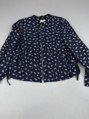 LOFT Navy Floral Zip Front Peplum Jacket Blouse Tie Waist Lined Medium